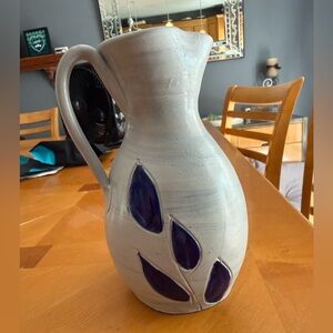 Williamsburg Pottery Handcrafted Ceramic Pitcher with Blue Leaf Accents